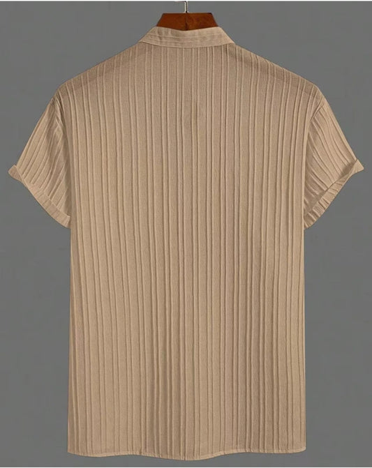 ATLEST Textured Mandarin Collar Half Sleeve Shirt – Light Beige
