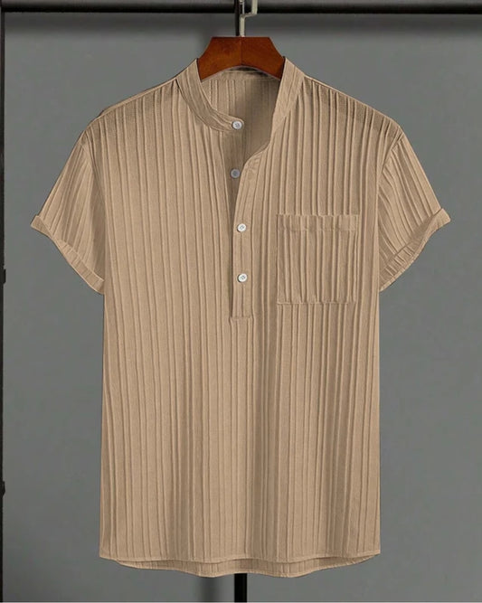ATLEST Textured Mandarin Collar Half Sleeve Shirt – Light Beige