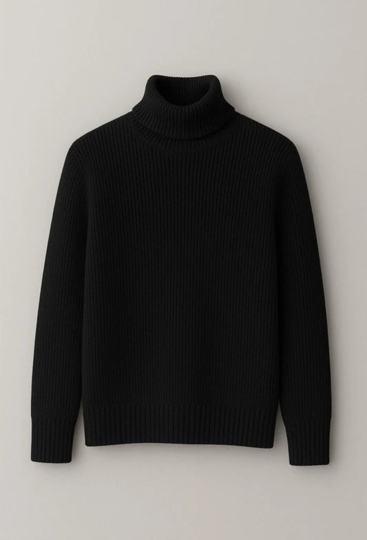 Classic Black Ribbed Turtleneck Sweater